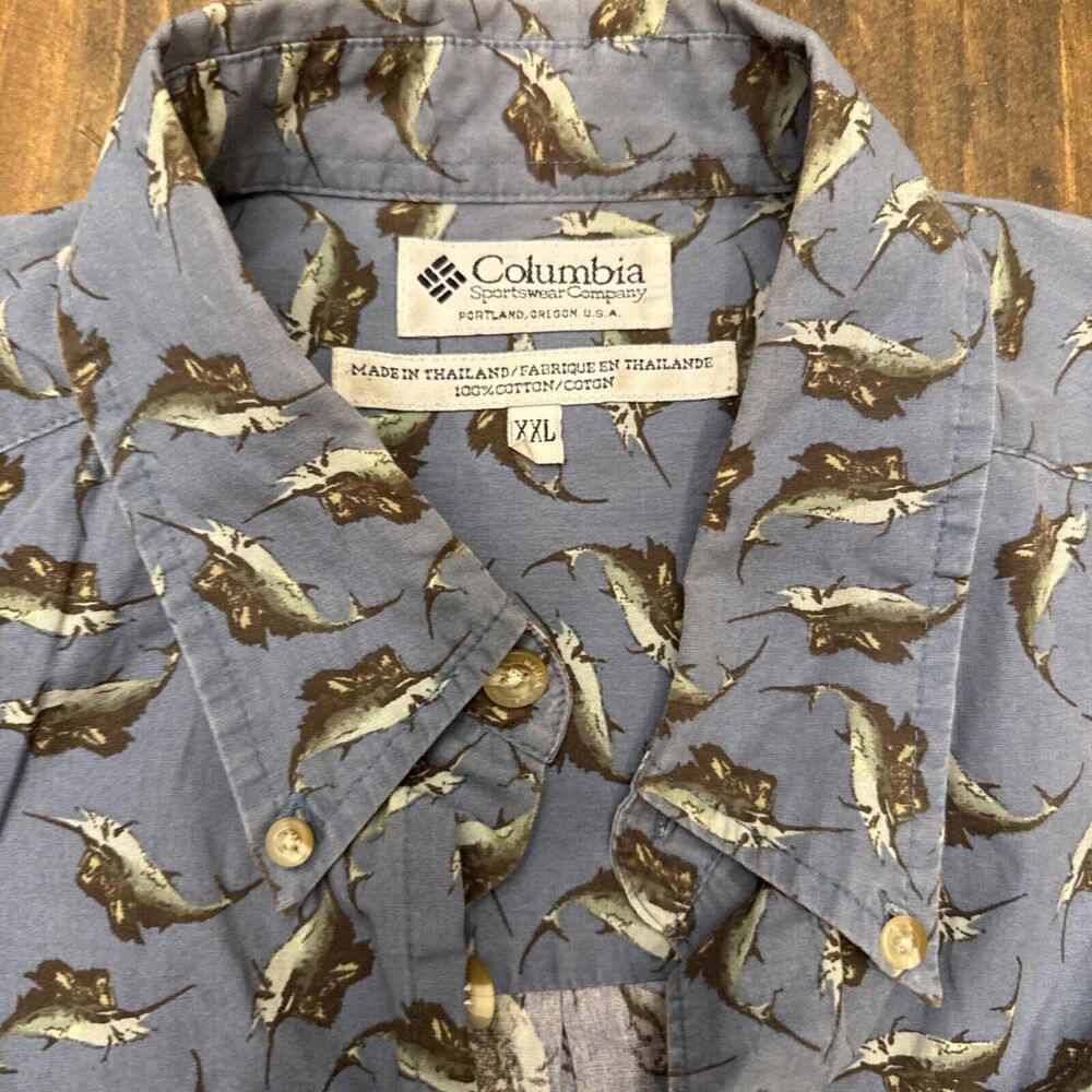 Vtg Columbia Button Up Shirt Mens XXL Sailfish Print Cotton‎ Outdoors Fishing - Picture 2 of 5